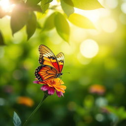 A stunning, realistic photograph of a vibrant butterfly perched delicately on a colorful flower in a lush, green natural setting