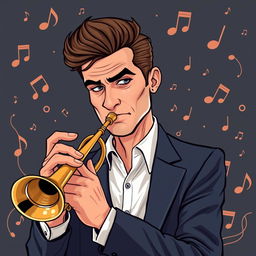 An illustration of a serious adult man playing the trumpet, inspired by the initial images generated for the request 'Draw a picture of a rocker playing an electric guitar in IncrediBox style
