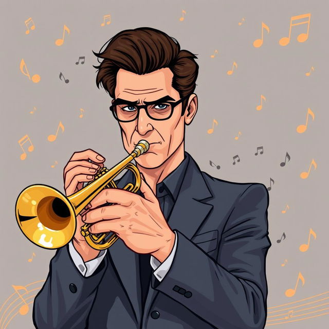 An illustration of a serious adult man playing the trumpet, inspired by the initial images generated for the request 'Draw a picture of a rocker playing an electric guitar in IncrediBox style