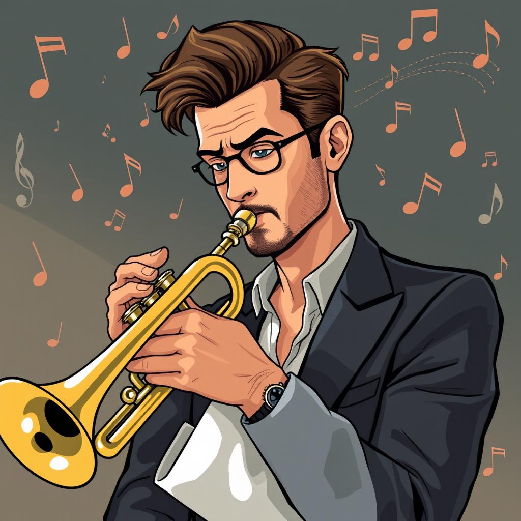 An illustration of a serious adult man playing the trumpet, inspired by the initial images generated for the request 'Draw a picture of a rocker playing an electric guitar in IncrediBox style