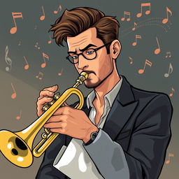 An illustration of a serious adult man playing the trumpet, inspired by the initial images generated for the request 'Draw a picture of a rocker playing an electric guitar in IncrediBox style