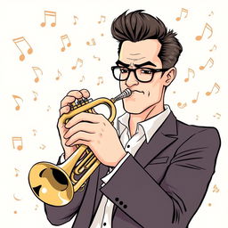 An illustration of a serious adult man playing the trumpet, inspired by the initial images generated for the request 'Draw a picture of a rocker playing an electric guitar in IncrediBox style