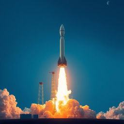 A stunning digital art poster depicting a rocket launch into space, featuring a dramatic scene of a tall, sleek rocket lifting off from a launch pad against a clear blue sky