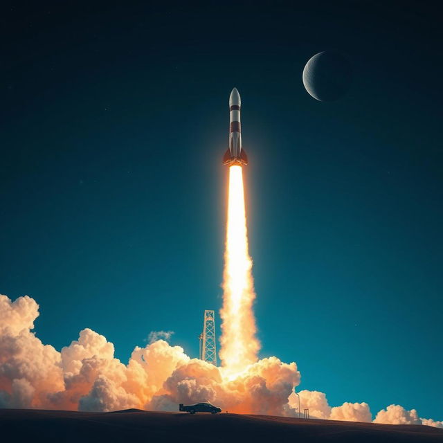 A stunning digital art poster depicting a rocket launch into space, featuring a dramatic scene of a tall, sleek rocket lifting off from a launch pad against a clear blue sky