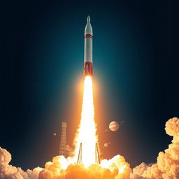 A stunning digital art poster depicting a rocket launch into space, featuring a dramatic scene of a tall, sleek rocket lifting off from a launch pad against a clear blue sky