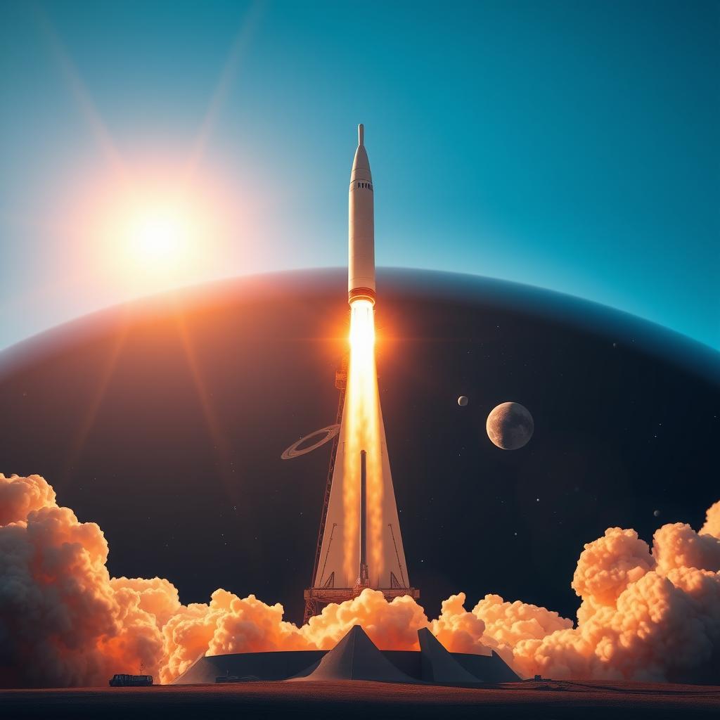 A stunning digital art poster depicting a rocket launch into space, featuring a dramatic scene of a tall, sleek rocket lifting off from a launch pad against a clear blue sky