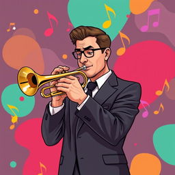 An illustration of a serious adult man in a full-body view, playing the trumpet in an IncrediBox style
