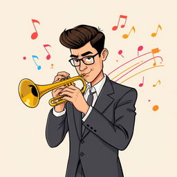An illustration of a serious adult man in a full-body view, playing the trumpet in an IncrediBox style