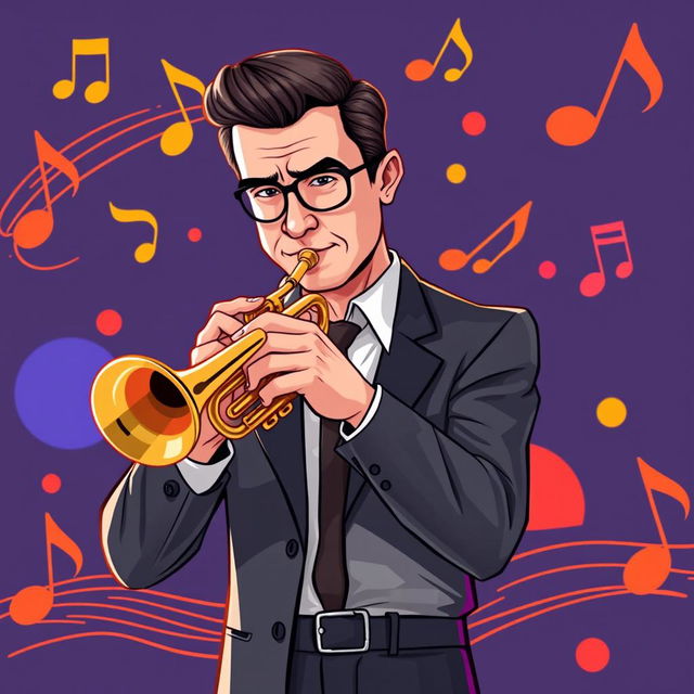 An illustration of a serious adult man in a full-body view, playing the trumpet in an IncrediBox style