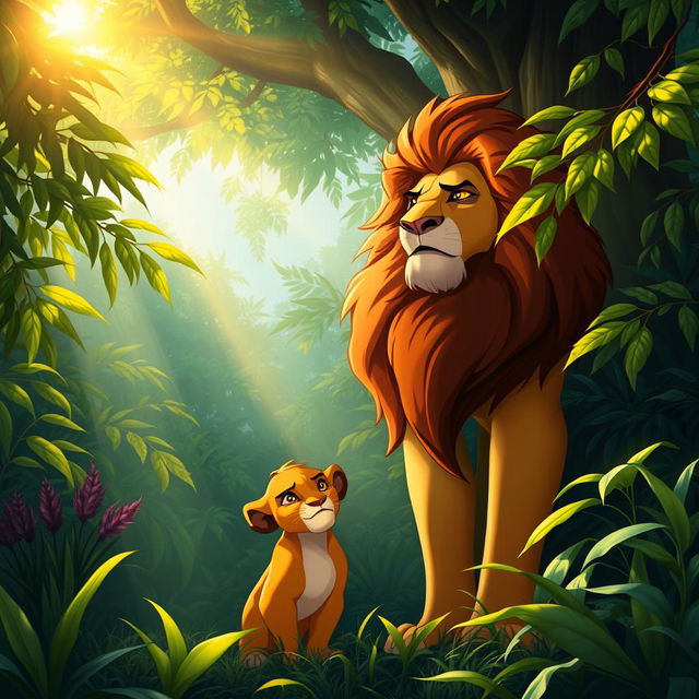 A majestic lion king with a regal mane stands tall beside a large, verdant tree in a lush, vibrant jungle