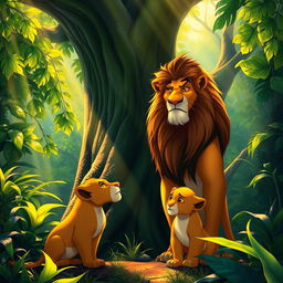 A majestic lion king with a regal mane stands tall beside a large, verdant tree in a lush, vibrant jungle