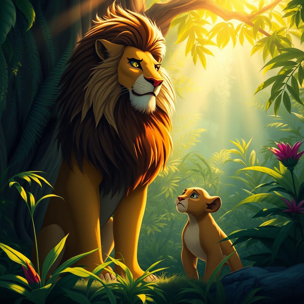 A majestic lion king with a regal mane stands tall beside a large, verdant tree in a lush, vibrant jungle