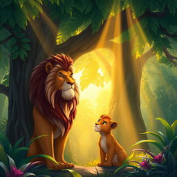 A majestic lion king with a regal mane stands tall beside a large, verdant tree in a lush, vibrant jungle