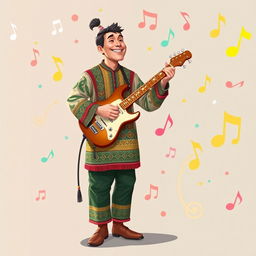 An illustration of a Yakut man in a full-body view, playing the vytar (traditional Yakut instrument) in an IncrediBox style, inspired by the initial images from the request 'Draw a picture of a rocker playing an electric guitar in IncrediBox style