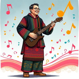 An illustration of a Yakut man in a full-body view, playing the vytar (traditional Yakut instrument) in an IncrediBox style, inspired by the initial images from the request 'Draw a picture of a rocker playing an electric guitar in IncrediBox style