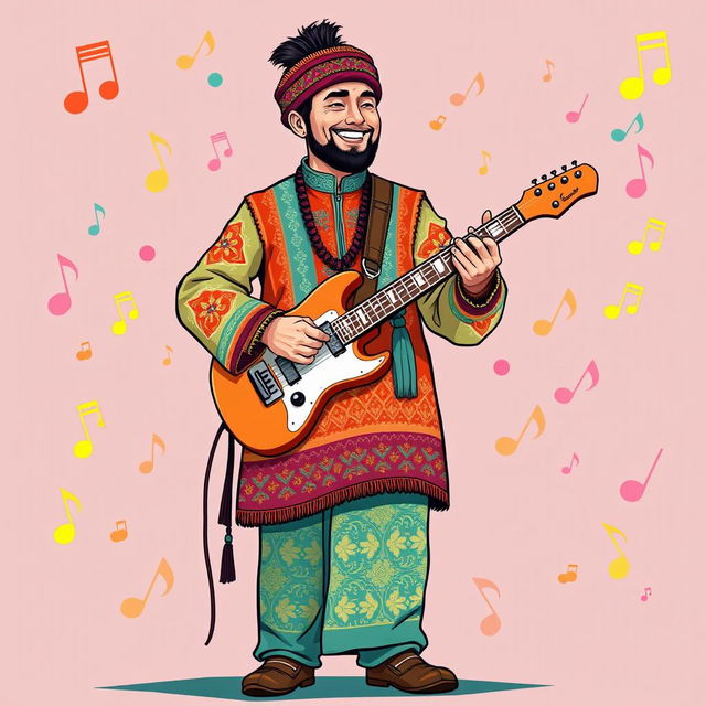 An illustration of a Yakut man in a full-body view, playing the vytar (traditional Yakut instrument) in an IncrediBox style, inspired by the initial images from the request 'Draw a picture of a rocker playing an electric guitar in IncrediBox style