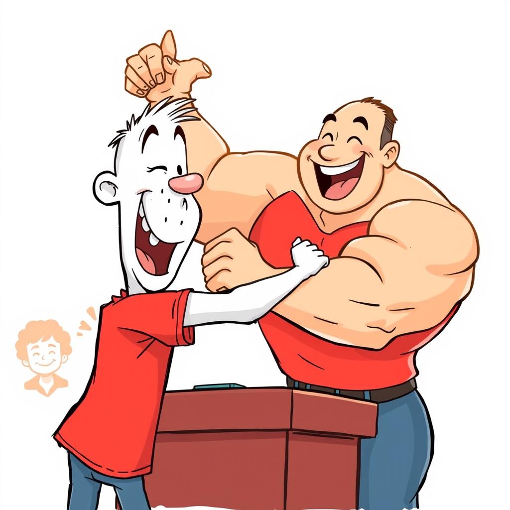 A playful scene featuring a white cartoon character wearing a bright red T-shirt engaged in an arm wrestling match with a large, muscular man