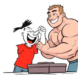 A playful scene featuring a white cartoon character wearing a bright red T-shirt engaged in an arm wrestling match with a large, muscular man