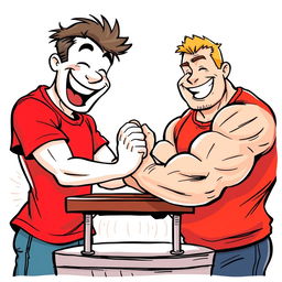 A playful scene featuring a white cartoon character wearing a bright red T-shirt engaged in an arm wrestling match with a large, muscular man