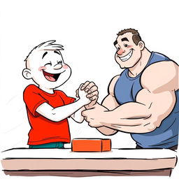 A playful scene featuring a white cartoon character wearing a bright red T-shirt engaged in an arm wrestling match with a large, muscular man