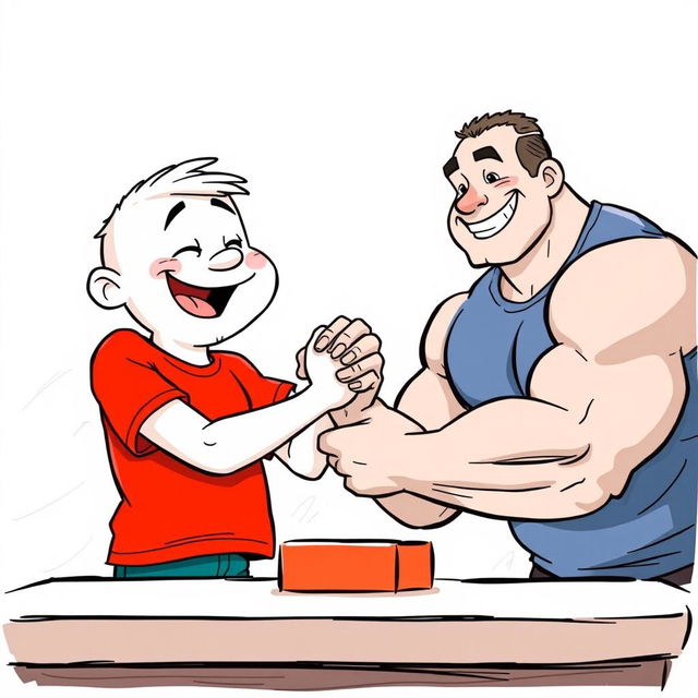 A playful scene featuring a white cartoon character wearing a bright red T-shirt engaged in an arm wrestling match with a large, muscular man