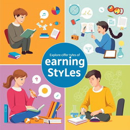 Exploring the different types of learning styles, showcasing visual representations of each type such as auditory, visual, kinesthetic, and reading/writing