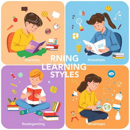 Exploring the different types of learning styles, showcasing visual representations of each type such as auditory, visual, kinesthetic, and reading/writing
