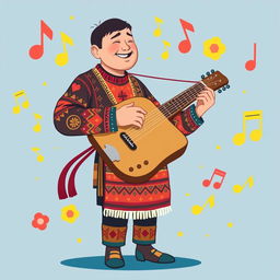 An illustration of a Yakut man in a full-body view, playing the jaw harp (varган) in an IncrediBox style, inspired by the initial images from the request 'Draw a picture of a rocker playing an electric guitar in IncrediBox style