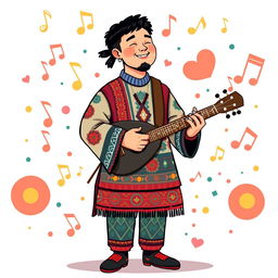 An illustration of a Yakut man in a full-body view, playing the jaw harp (varган) in an IncrediBox style, inspired by the initial images from the request 'Draw a picture of a rocker playing an electric guitar in IncrediBox style