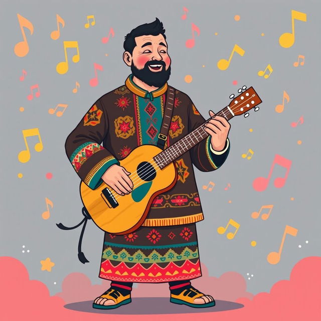 An illustration of a Yakut man in a full-body view, playing the jaw harp (varган) in an IncrediBox style, inspired by the initial images from the request 'Draw a picture of a rocker playing an electric guitar in IncrediBox style