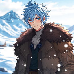 A character inspired by Kaeya from Genshin Impact, with icy blue hair and striking facial features, wearing a stylish brown fur jacket