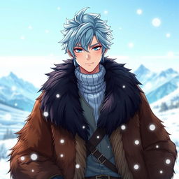 A character inspired by Kaeya from Genshin Impact, with icy blue hair and striking facial features, wearing a stylish brown fur jacket