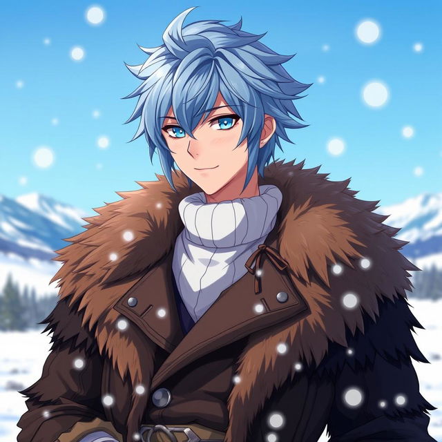 A character inspired by Kaeya from Genshin Impact, with icy blue hair and striking facial features, wearing a stylish brown fur jacket