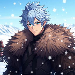 A character inspired by Kaeya from Genshin Impact, with icy blue hair and striking facial features, wearing a stylish brown fur jacket