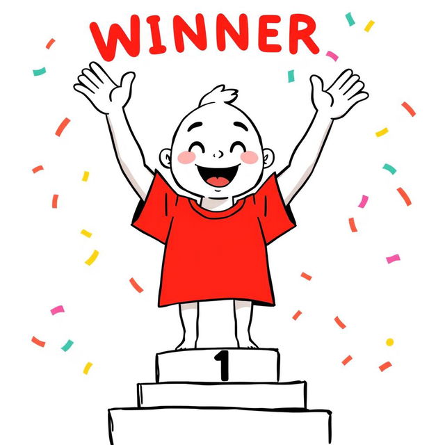 A cheerful white cartoon character wearing a vibrant red t-shirt stands triumphantly on a podium as the winner