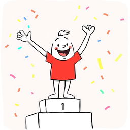 A cheerful white cartoon character wearing a vibrant red t-shirt stands triumphantly on a podium as the winner