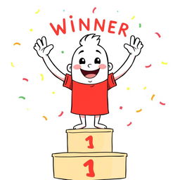 A cheerful white cartoon character wearing a vibrant red t-shirt stands triumphantly on a podium as the winner