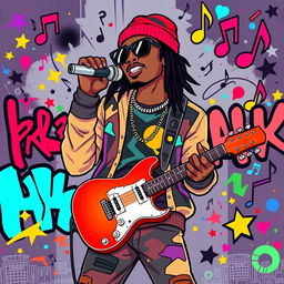An illustration of a rapper in a full-body view, performing a rap in an IncrediBox style, inspired by the initial images from the request 'Draw a picture of a rocker playing an electric guitar in IncrediBox style