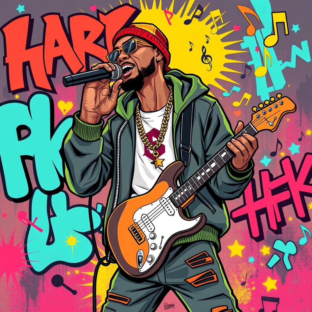 An illustration of a rapper in a full-body view, performing a rap in an IncrediBox style, inspired by the initial images from the request 'Draw a picture of a rocker playing an electric guitar in IncrediBox style