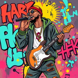An illustration of a rapper in a full-body view, performing a rap in an IncrediBox style, inspired by the initial images from the request 'Draw a picture of a rocker playing an electric guitar in IncrediBox style