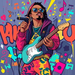 An illustration of a rapper in a full-body view, performing a rap in an IncrediBox style, inspired by the initial images from the request 'Draw a picture of a rocker playing an electric guitar in IncrediBox style