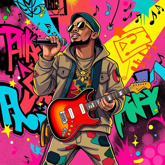 An illustration of a rapper in a full-body view, performing a rap in an IncrediBox style, inspired by the initial images from the request 'Draw a picture of a rocker playing an electric guitar in IncrediBox style