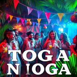 A vibrant and radiant advertisement for a toga party named "TOGA NOGA"
