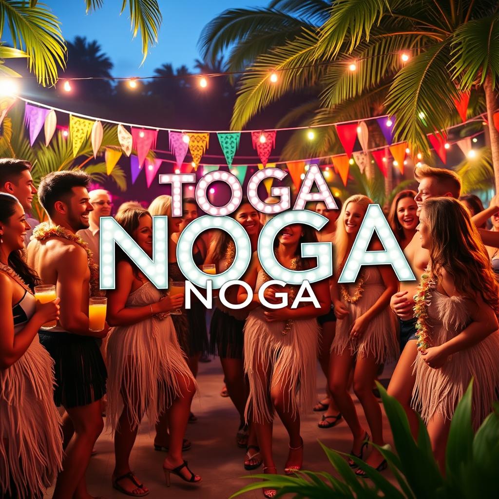 A vibrant and radiant advertisement for a toga party named "TOGA NOGA"