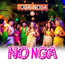 A vibrant and radiant advertisement for a toga party named "TOGA NOGA"