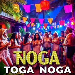 A vibrant and radiant advertisement for a toga party named "TOGA NOGA"