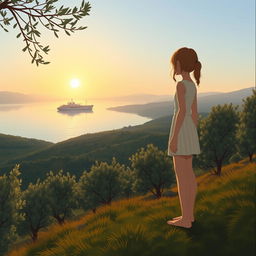 A young girl with a tall, slender figure, standing on the slope of a hill overlooking a serene lake