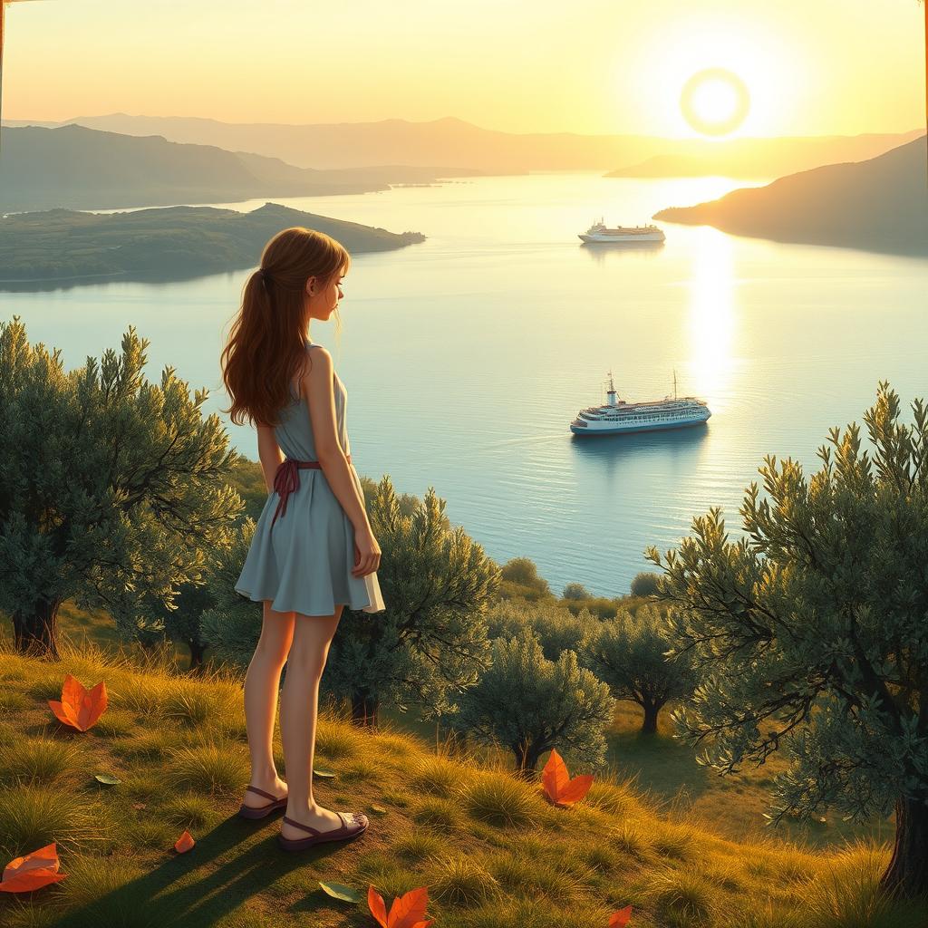 A young girl with a tall, slender figure, standing on the slope of a hill overlooking a serene lake