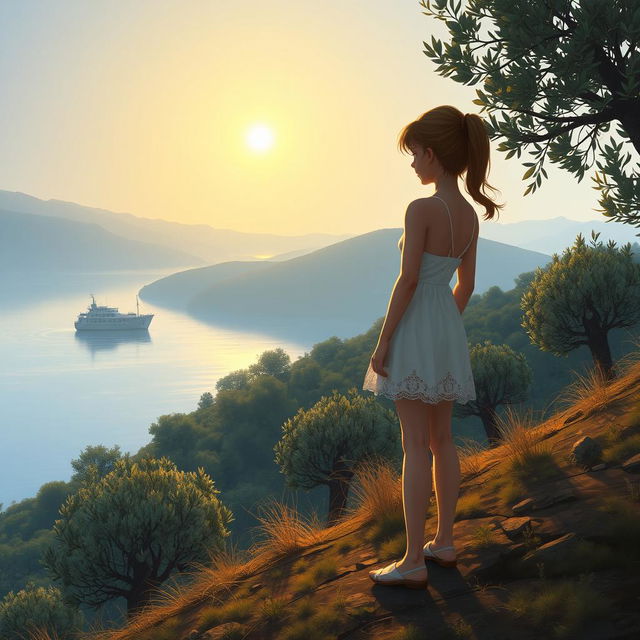 A young girl with a tall, slender figure, standing on the slope of a hill overlooking a serene lake