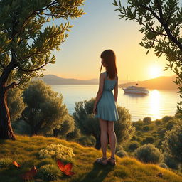 A young girl with a tall, slender figure, standing on the slope of a hill overlooking a serene lake